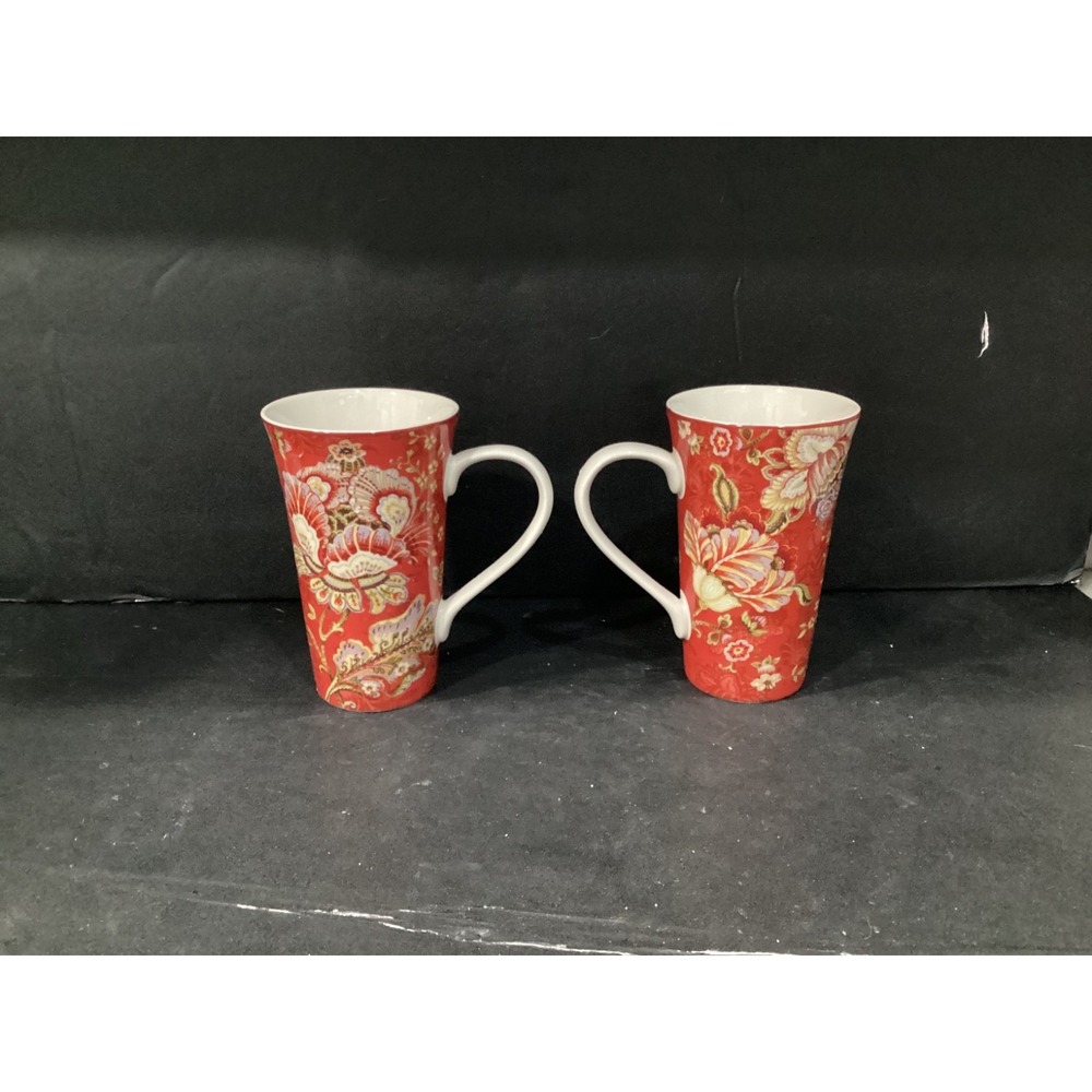 222 Fifth Gabrielle Red Floral Paisley Latte Mugs Porcelain Indonesia 16 oz